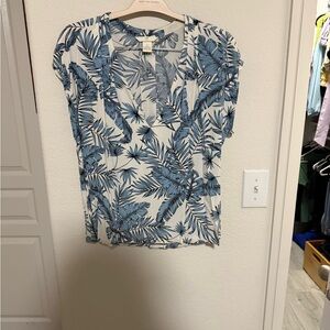 H&M Blue and White Wrap Blouse with Notched Collar